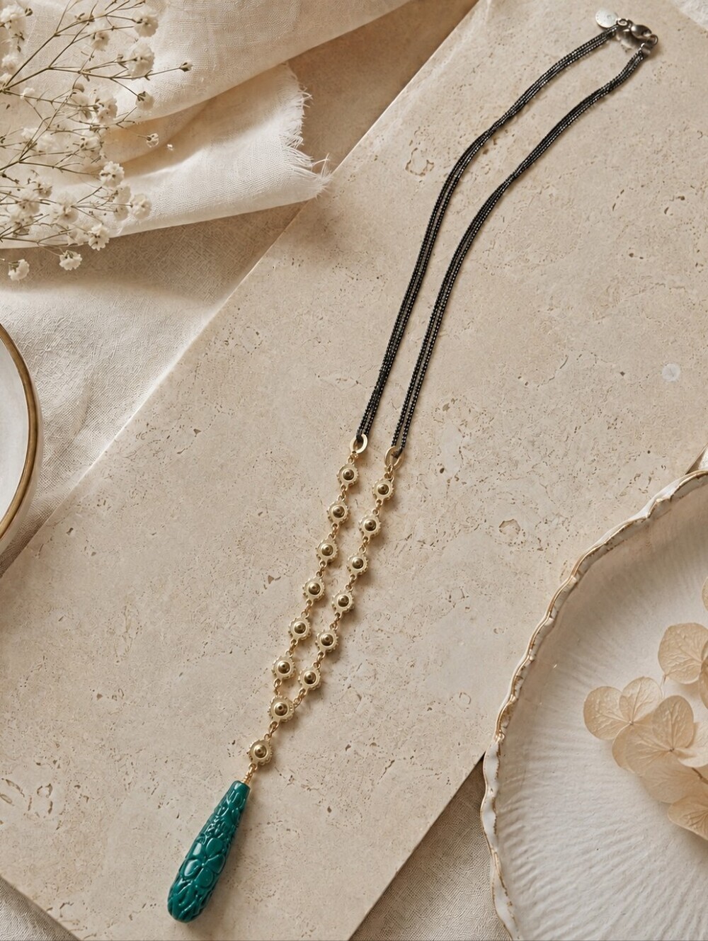 Marie Chavez | Long Gunmetal & Gold-Tone Carved Teal Pendant Necklace